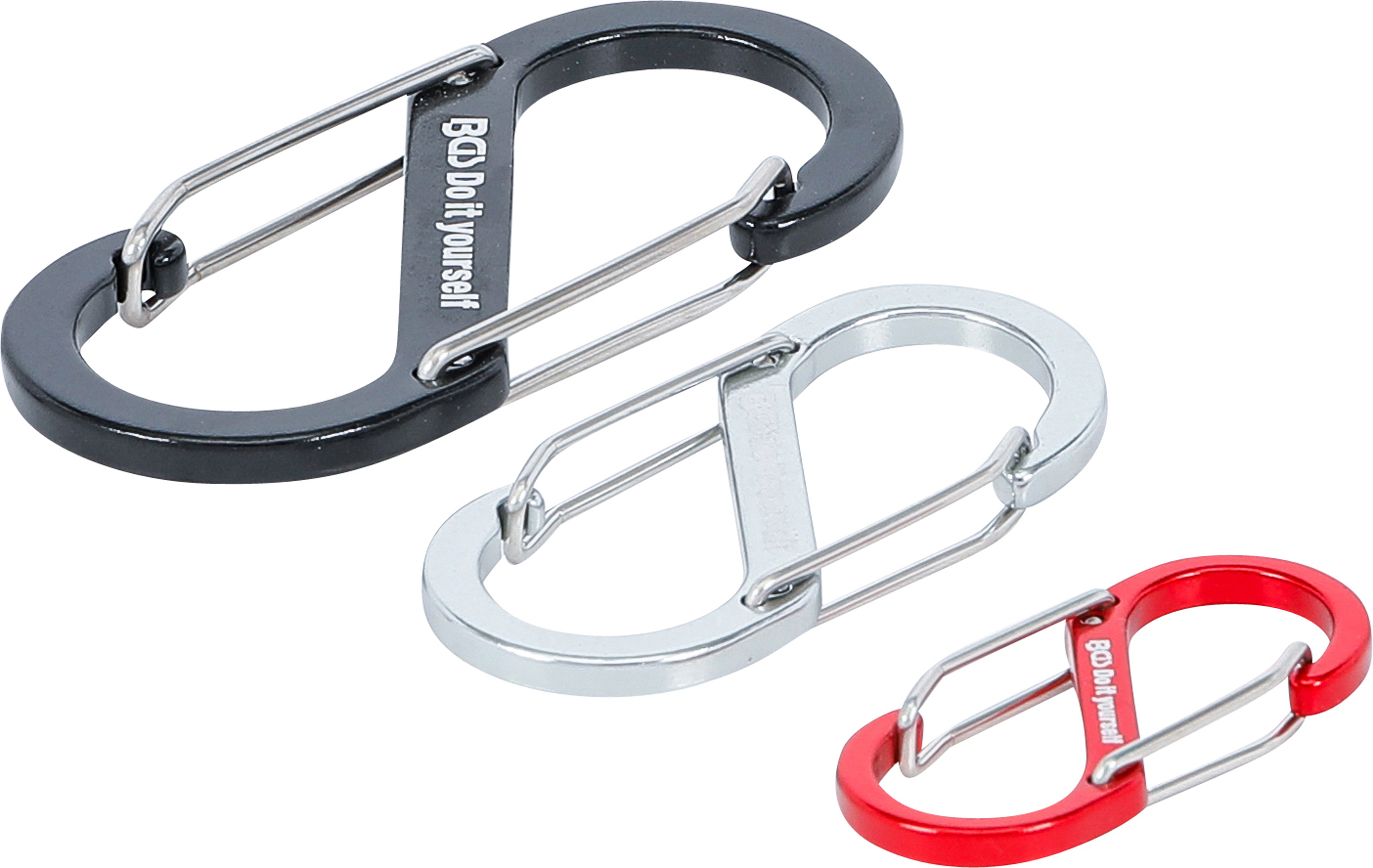 BGS 85783 Karabinerhaken-Sortiment mit Doppelöffnung | Aluminium | 3-tlg.