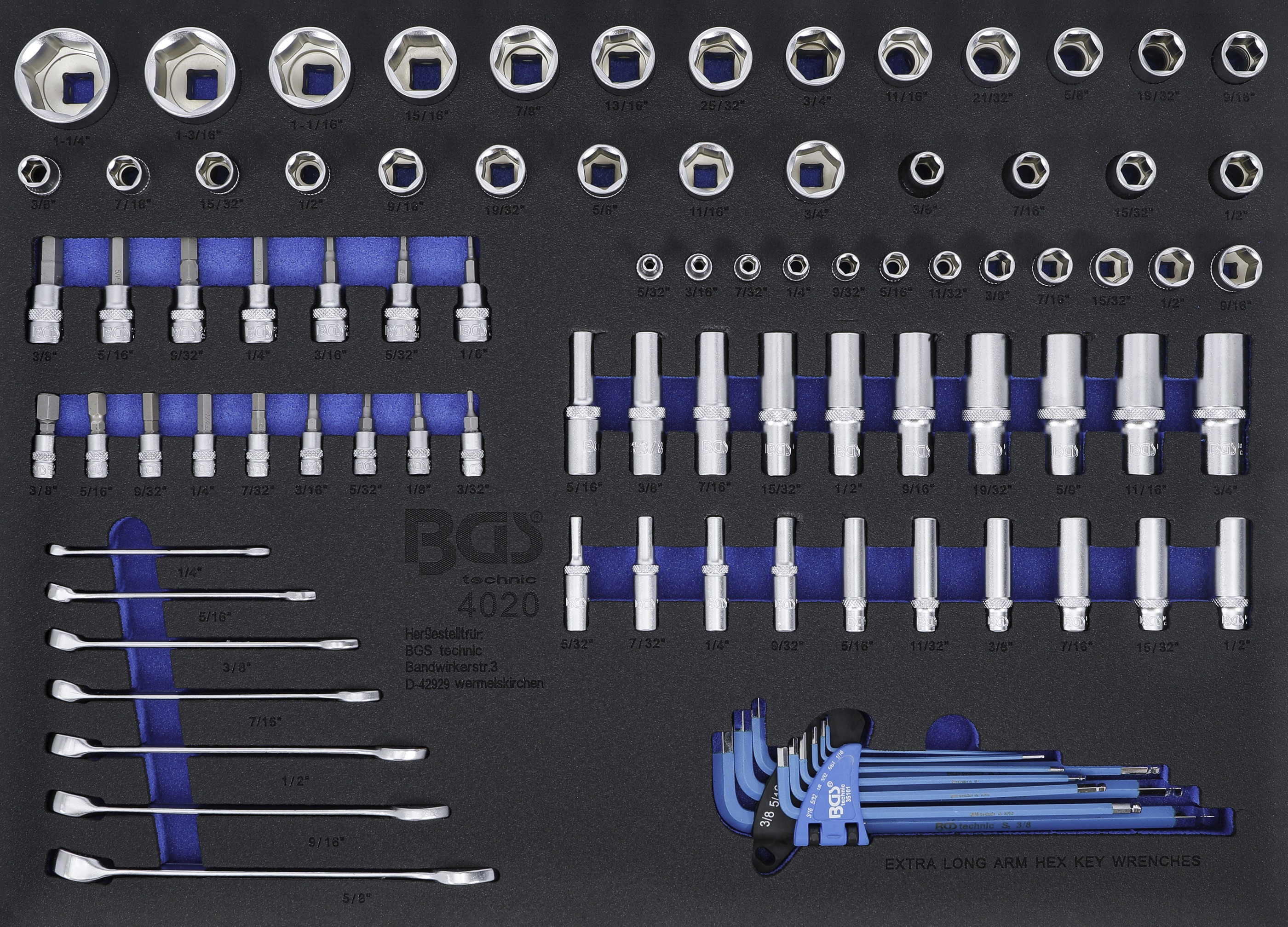 BGS 4020 Werkstattwageneinlage 3/3: Steckschlüssel-Einsätze / Maul-Ringschlüssel | Zollgrößen | 90-tlg.
