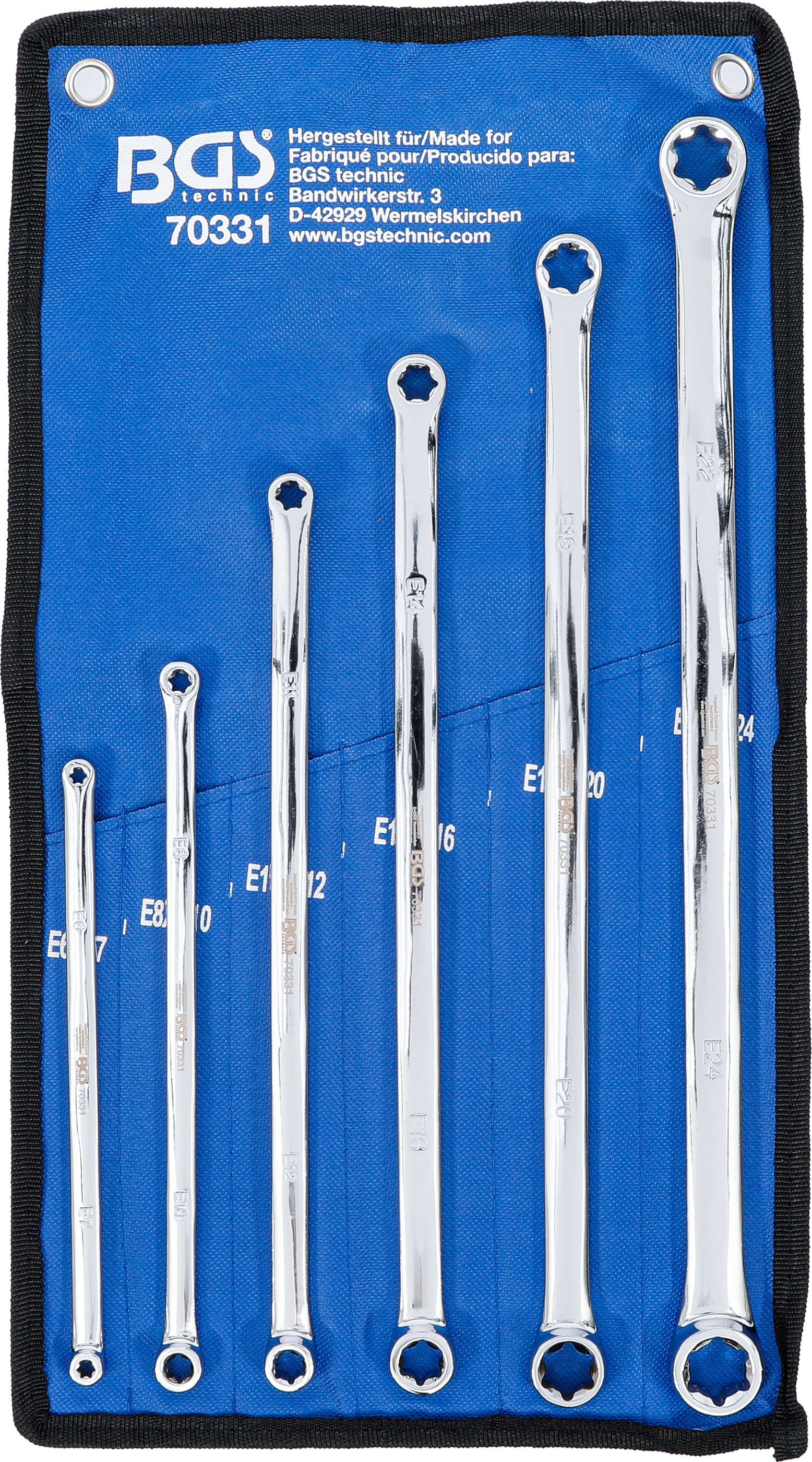 BGS 70331 Doppel-Ringschlüssel-Satz mit E-Profil-Ringköpfen | extra lang | SW E6 x E7 - E22 x E24 | 6-tlg.