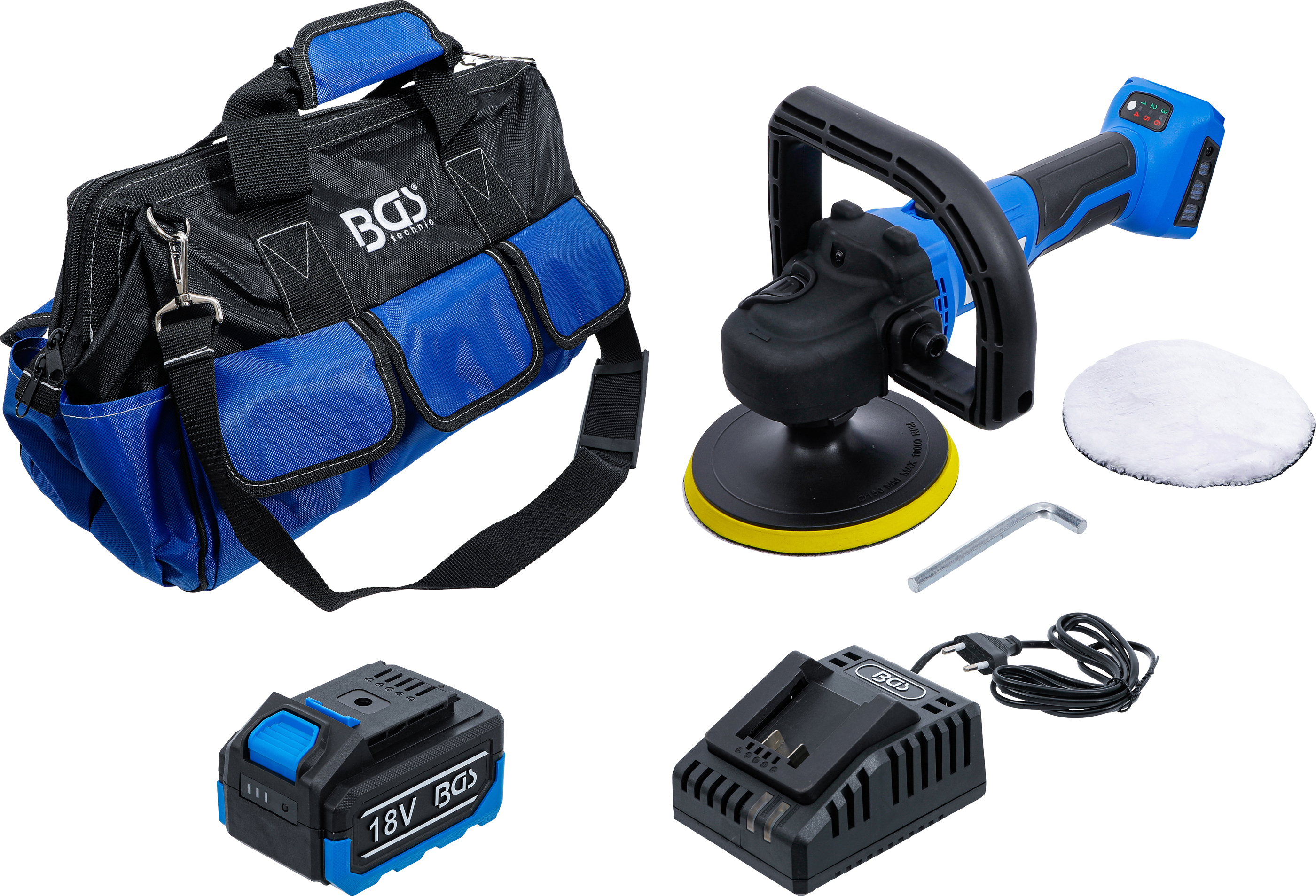 BGS 7395 Akku-Polier- und Schleifmaschinen-Satz | bürstenlos | 18 V | mit Akku und Schnell-Ladegerät