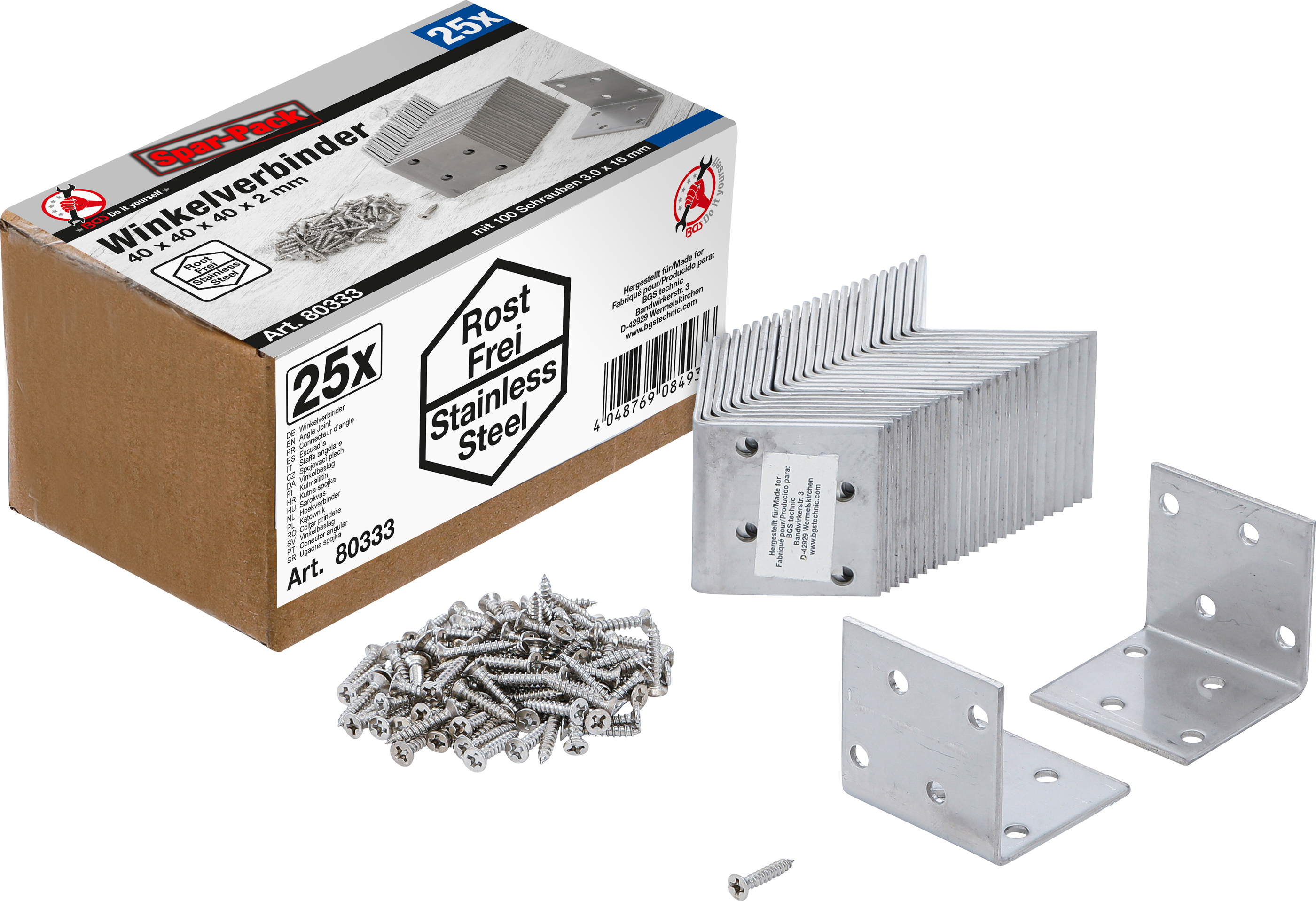 BGS 80333 Winkelverbinder | rostfrei | 40 x 40 x 40 mm | Spar-Pack | 25 Stück