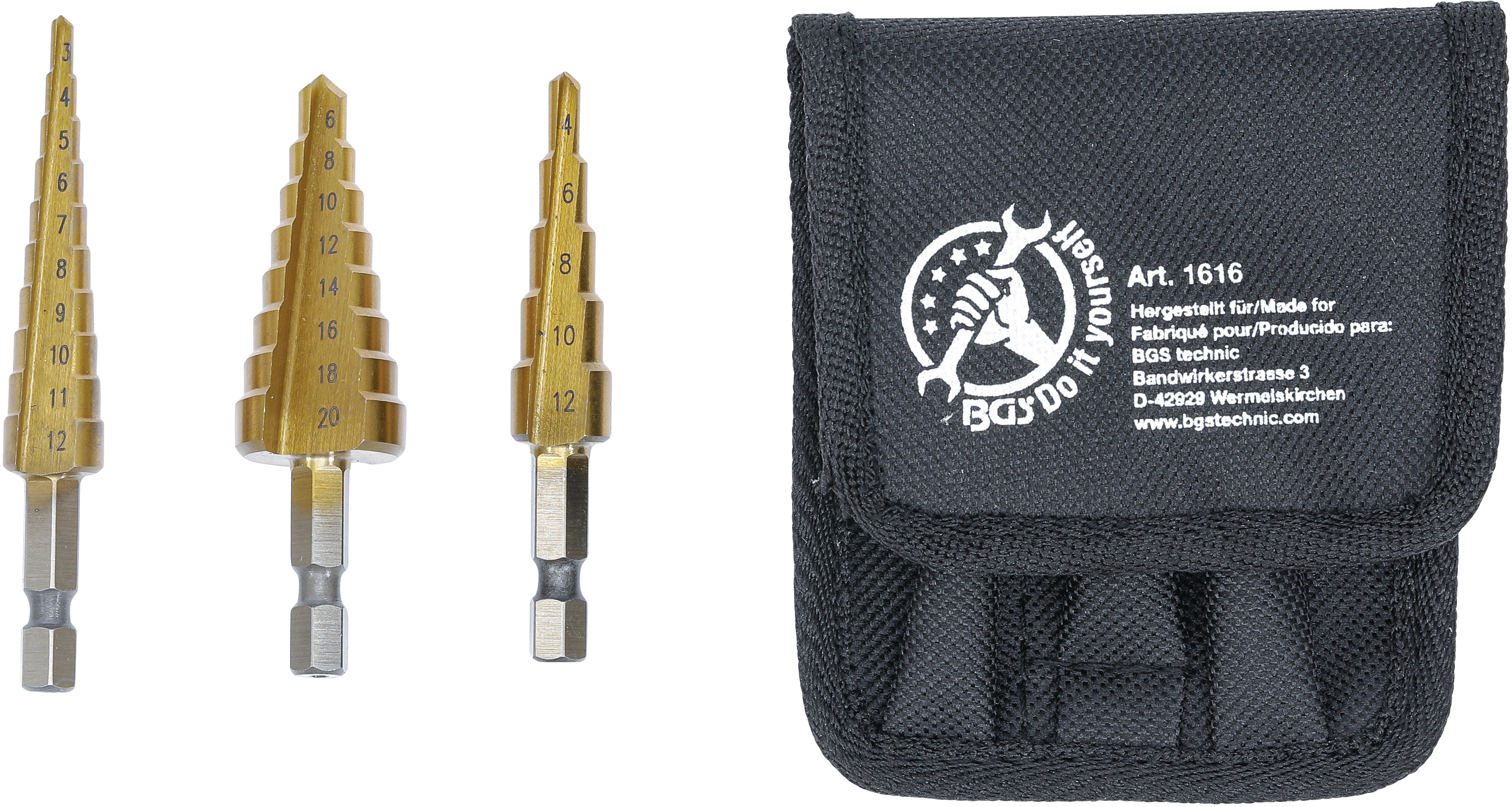 BGS 1616 HSS-Stufenbohrer-Satz | 3 - 20 mm | 3-tlg. BGS 1616 HSS-Stufenbohrer-Satz | 3 - 20 mm | 3-tlg.