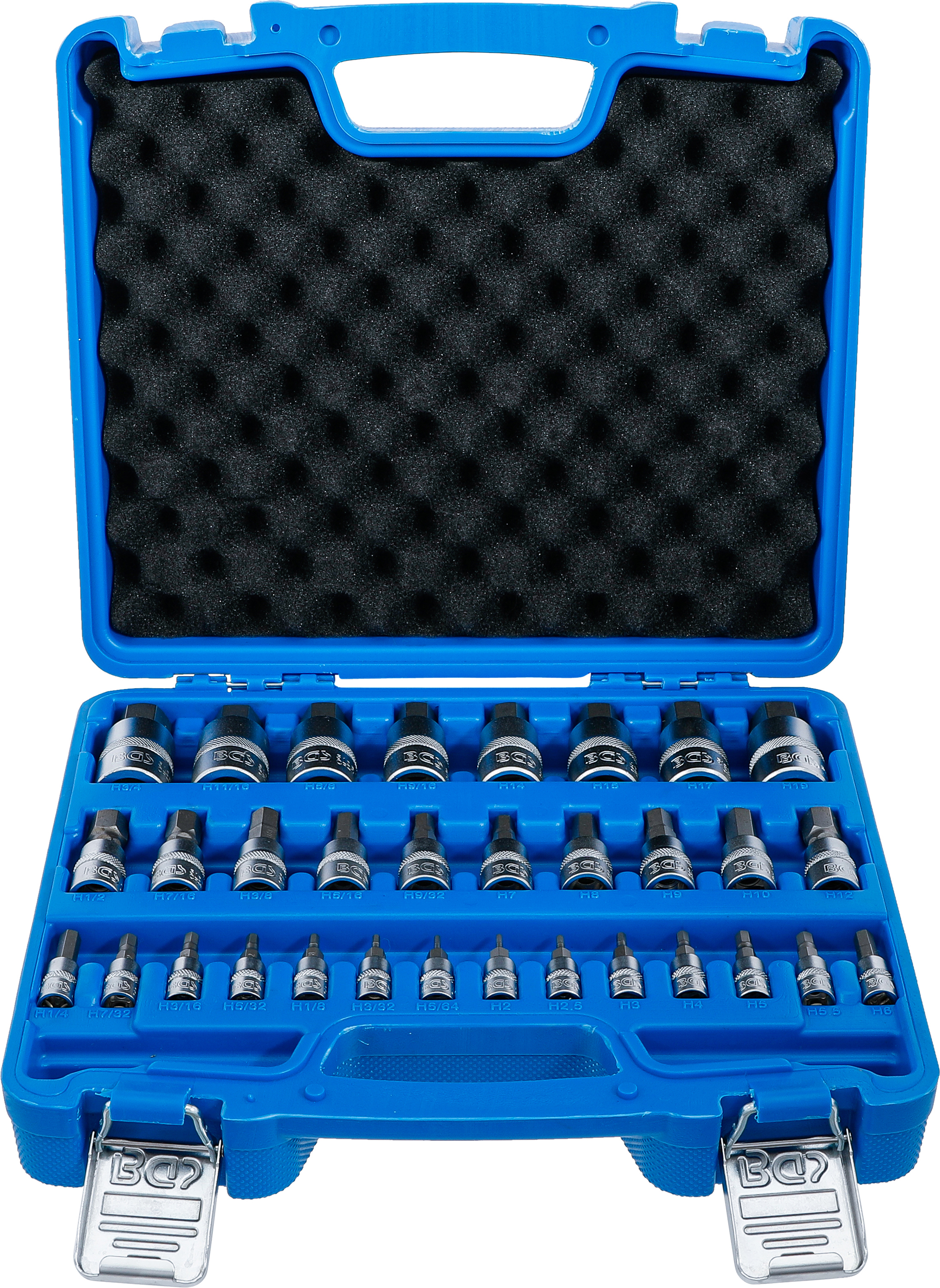 BGS 74258 Bit-Einsatz-Satz | Antrieb Innenvierkant 6,3 mm (1/4") / 10 mm (3/8") / 12,5 mm (1/2") | Innensechskant 2 - 19 mm / 1/4 - 9/16" | Metrisch und Zollgrößen | 32-tlg.