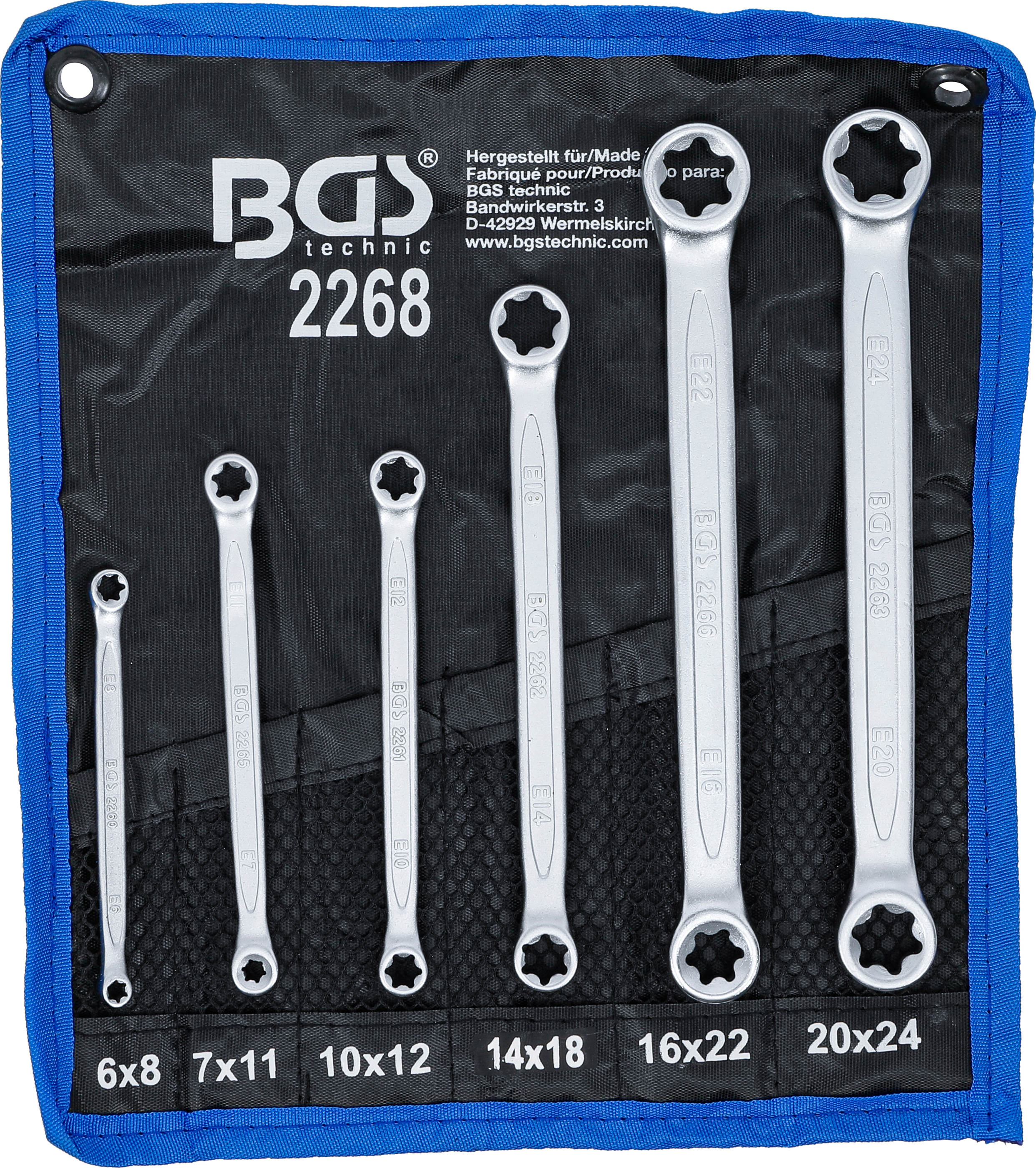 BGS 2268 Doppel-Ringschlüssel-Satz mit E-Profil-Ringköpfen | SW E6 x E8 - E20 x E24 | 6-tlg. BGS 2268 Doppel-Ringschlüssel-Satz mit E-Profil-Ringköpfen | SW E6 x E8 - E20 x E24 | 6-tlg.