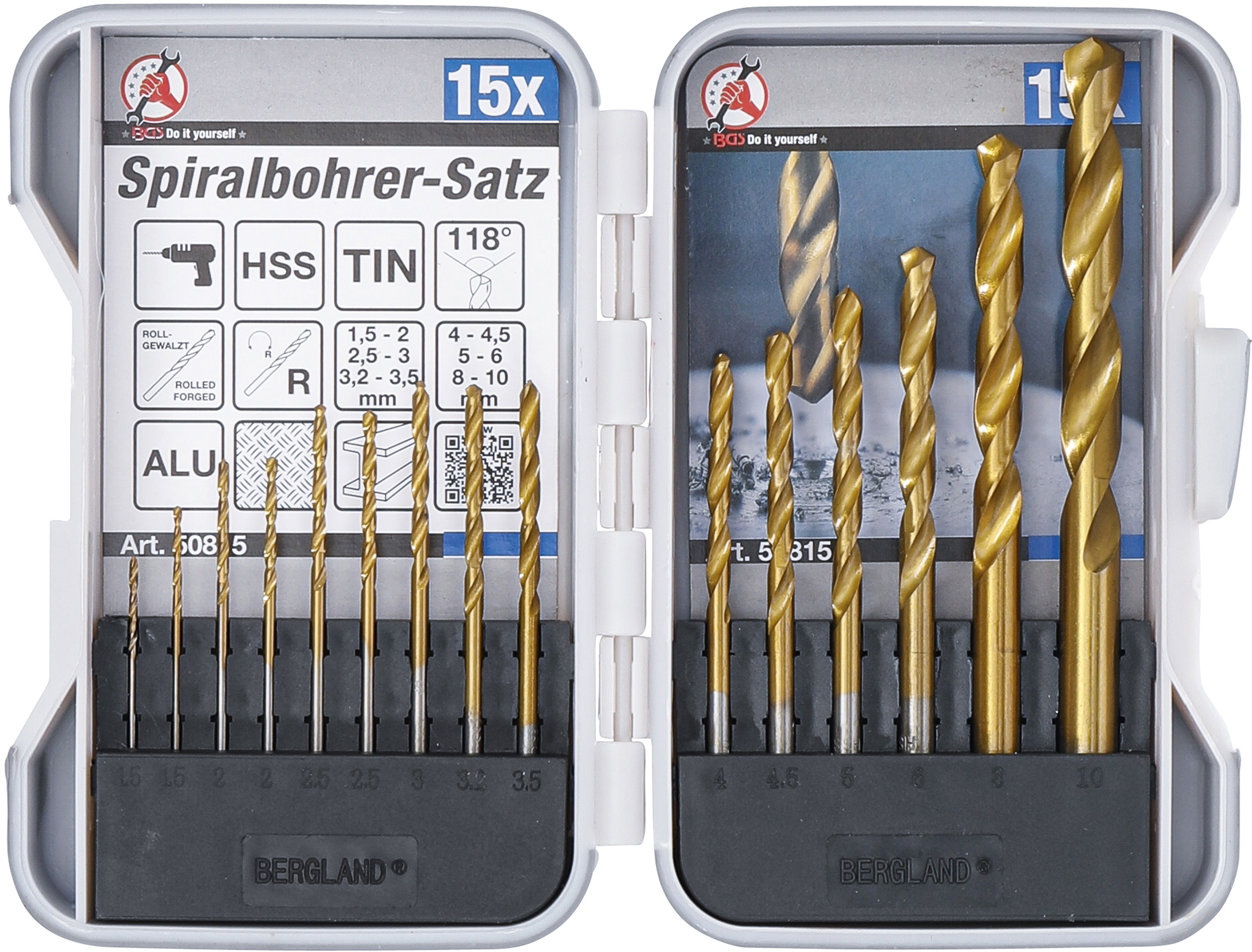 BGS 50815 HSS-Spiralbohrer-Satz | titan-nitriert | 1,5 - 10 mm | 15-tlg.